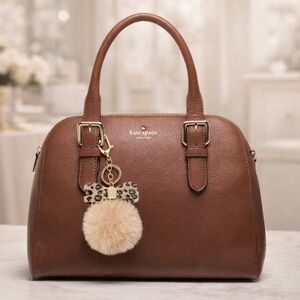 kate spade Brown Leather Satchel with Leopard Bow Pom Charm